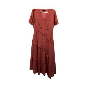 Lulus Next to You Rusty Rose Swiss Dot Ruffled Chiffon faux wrap Midi Dress SZ M